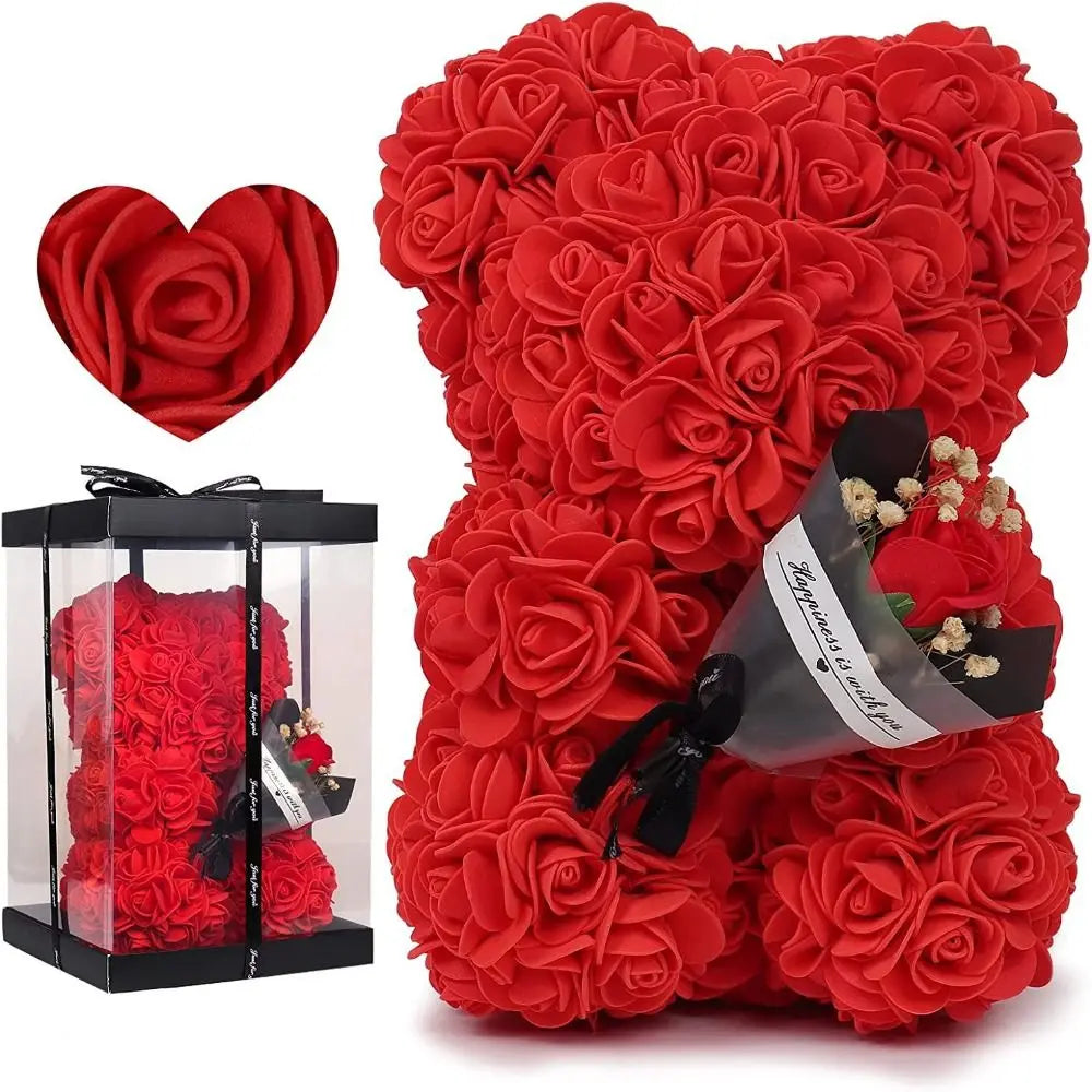24cm Size Eternal Rose Bear Long Lasting Foam Flowers Rose Bear Artificial Rose Creative Design Artificial Flower Gift