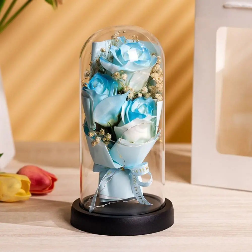 Romantic Eternal Rose Light 3 Heads Soap Flower Transparent Dome Artificial Rose Light Luminous Realistic LED Eternal Flower