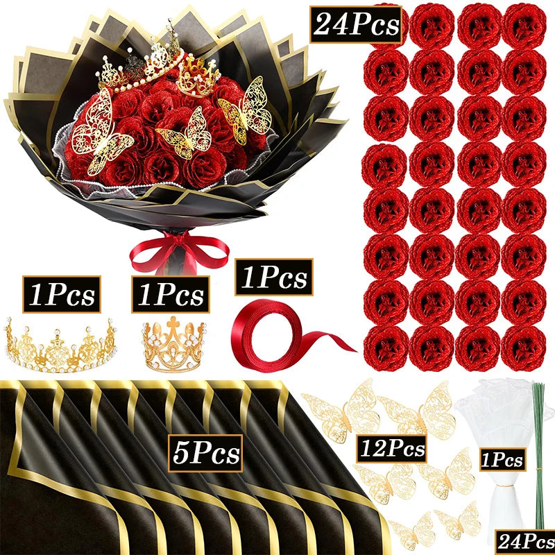 Glitter Artificial Eternal Red Rose Bouquet Forever Roses Flower Bouquet Silk Fake Rose Flower Valentine's Day Birthday Gift
