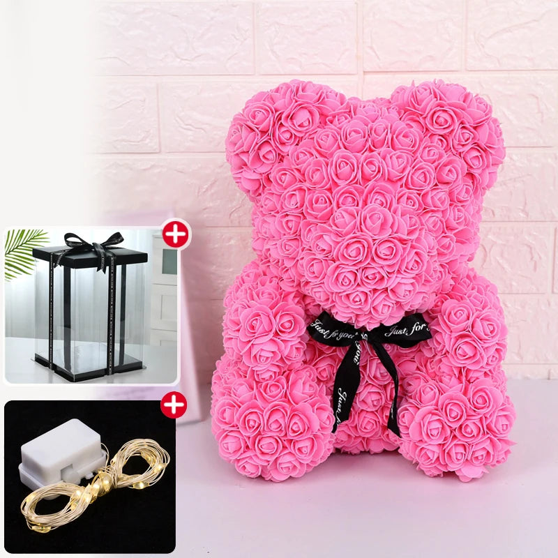 Oso de Rosas con Caja y Luz LED — Regalo Romántico, 7 Colores, San Valentín