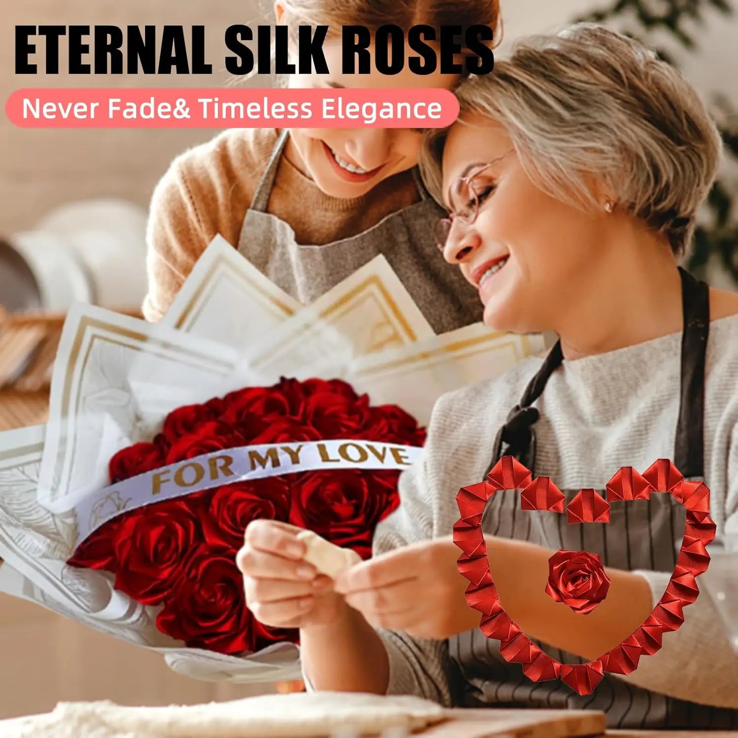 Yannew 300pcs Premade Handcrafted Silk Rose Petals for DIY Eternal Rose Flowers Bouquets with Stem Leaf Birthday Gifts for Women