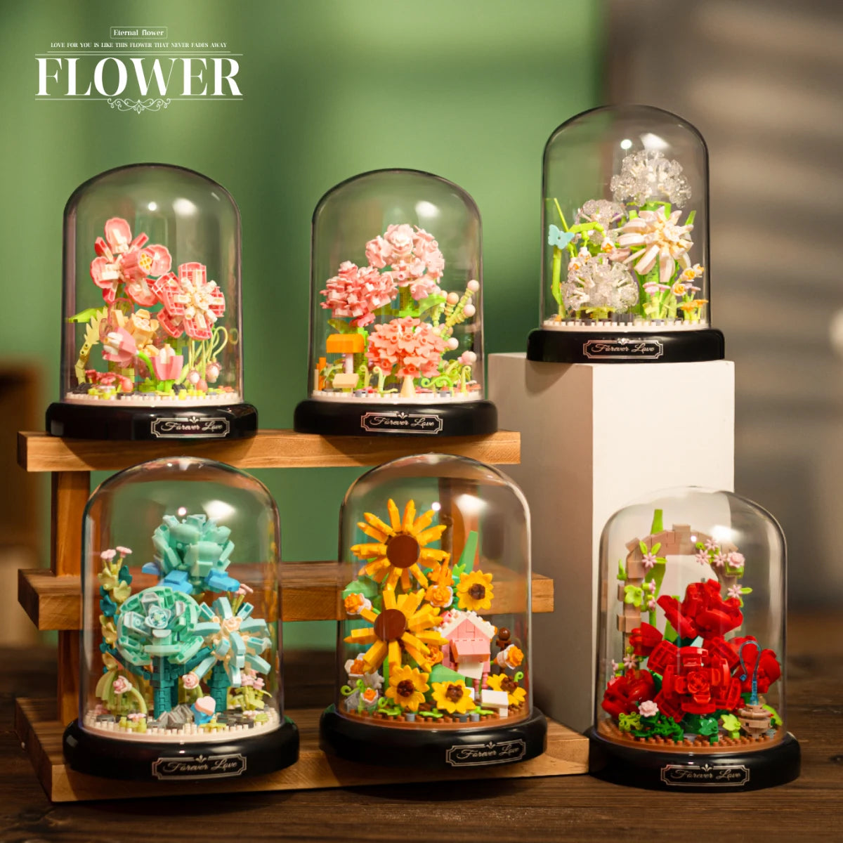 Eternal Flower Red Rose Bouquet Desktop Decoration Bonsai Romantic Building Blocks Bricks DIY Toy Valentine's Day Gift for Girls