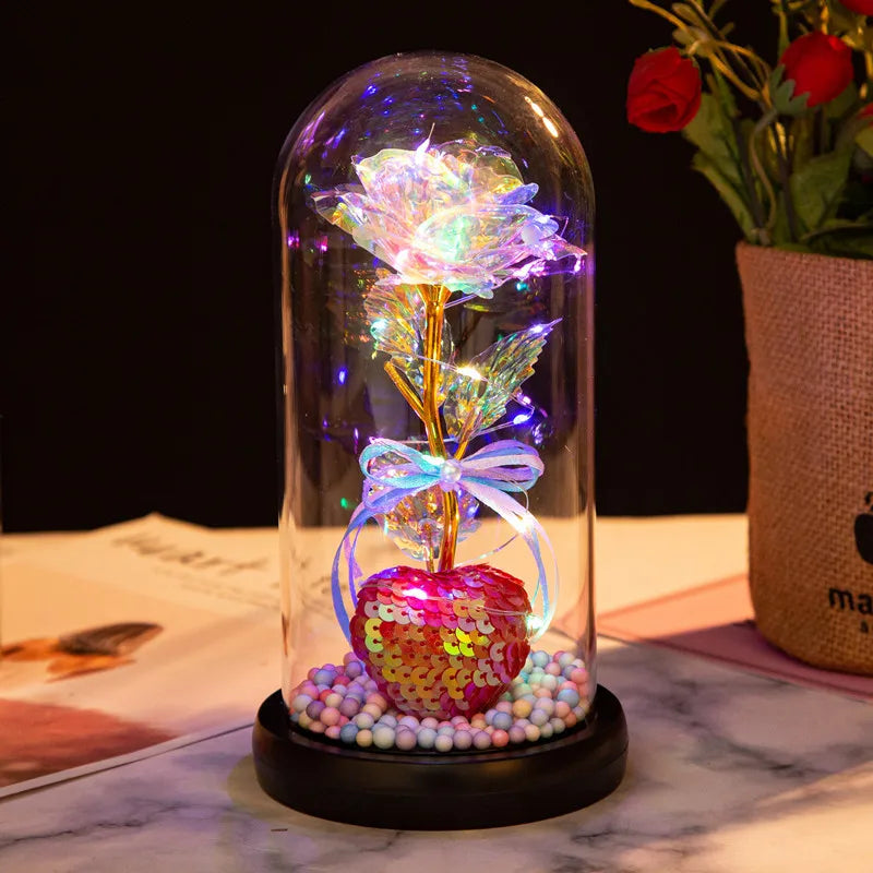 Rosa en Cúpula de Cristal con LED — Estilo La Bella y la Bestia, 16 Estilos, Regalo