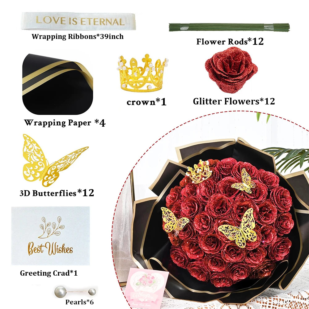 Ramo de Rosas Brillantes con Purpurina — Set 12 o 24 Rosas, San Valentín y Aniversario