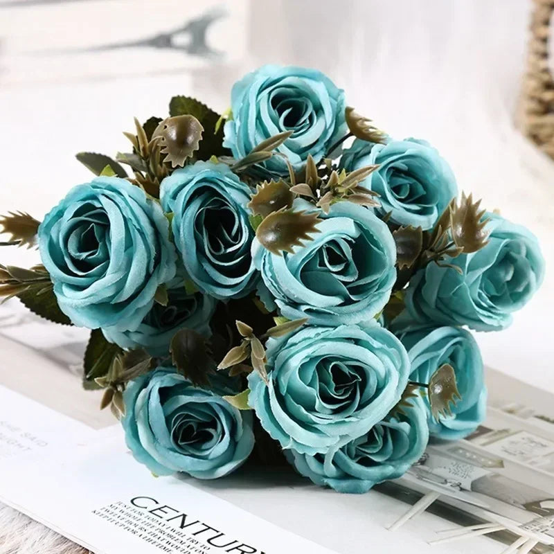 Retro Artificial Roses Bouquet Elegance Bridal Wedding Realistic Roses Flowers Floral Arrangement Ornaments Home Decoration