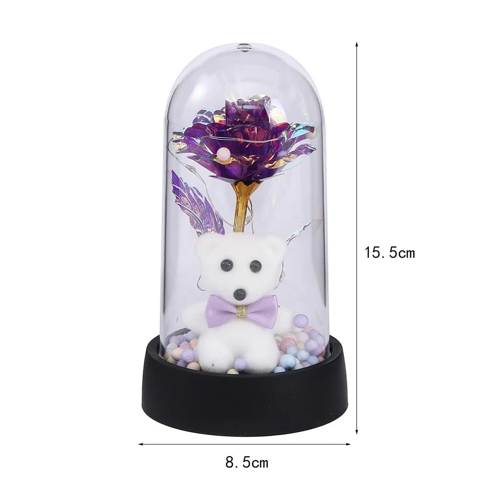 Artificial Rose Foil Flower Bear Decoration with LED Light for Girlfriend Eternal Rose Valentine's Day Wedding Christmas Gifts