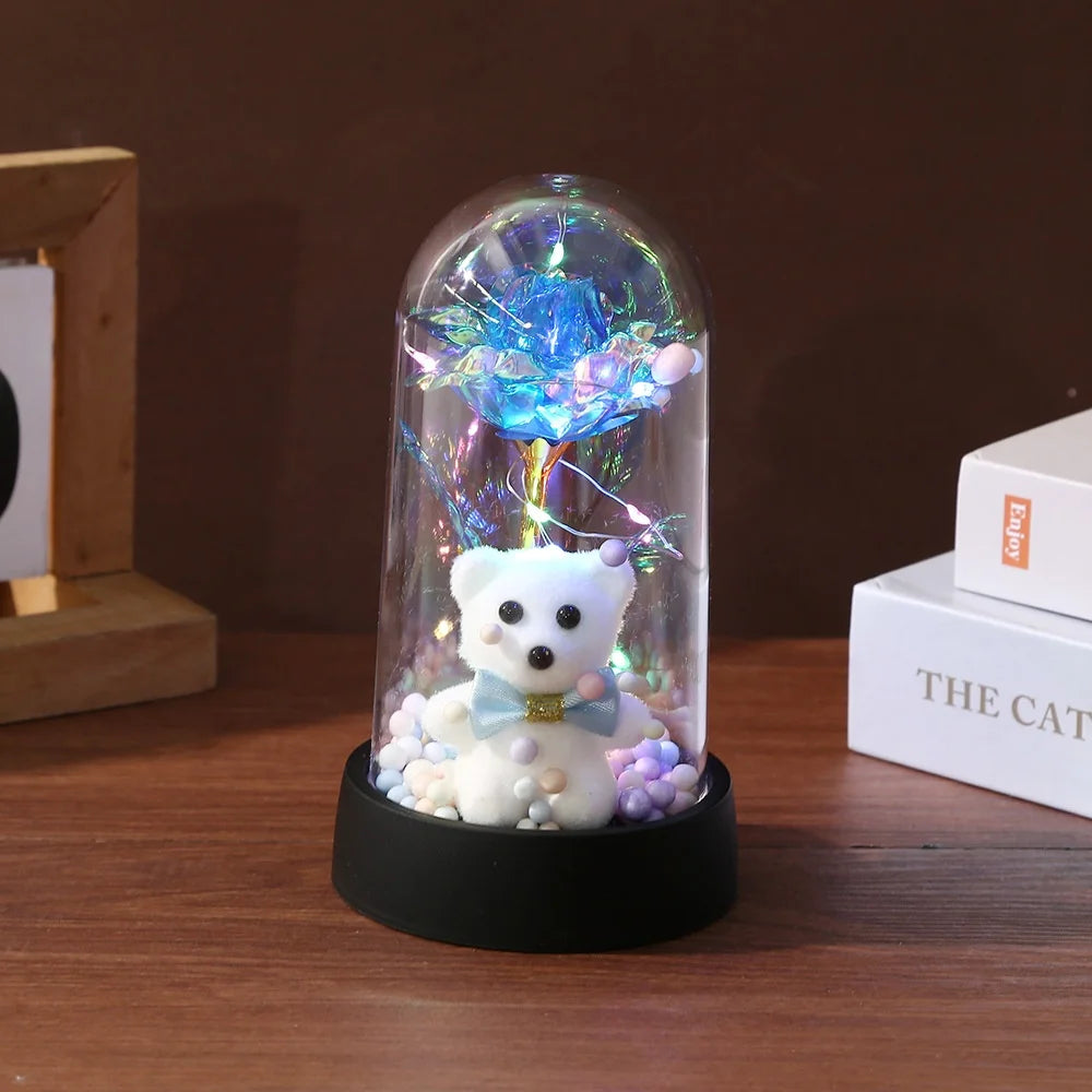 Artificial Rose Foil Flower Bear Decoration with LED Light for Girlfriend Eternal Rose Valentine's Day Wedding Christmas Gifts