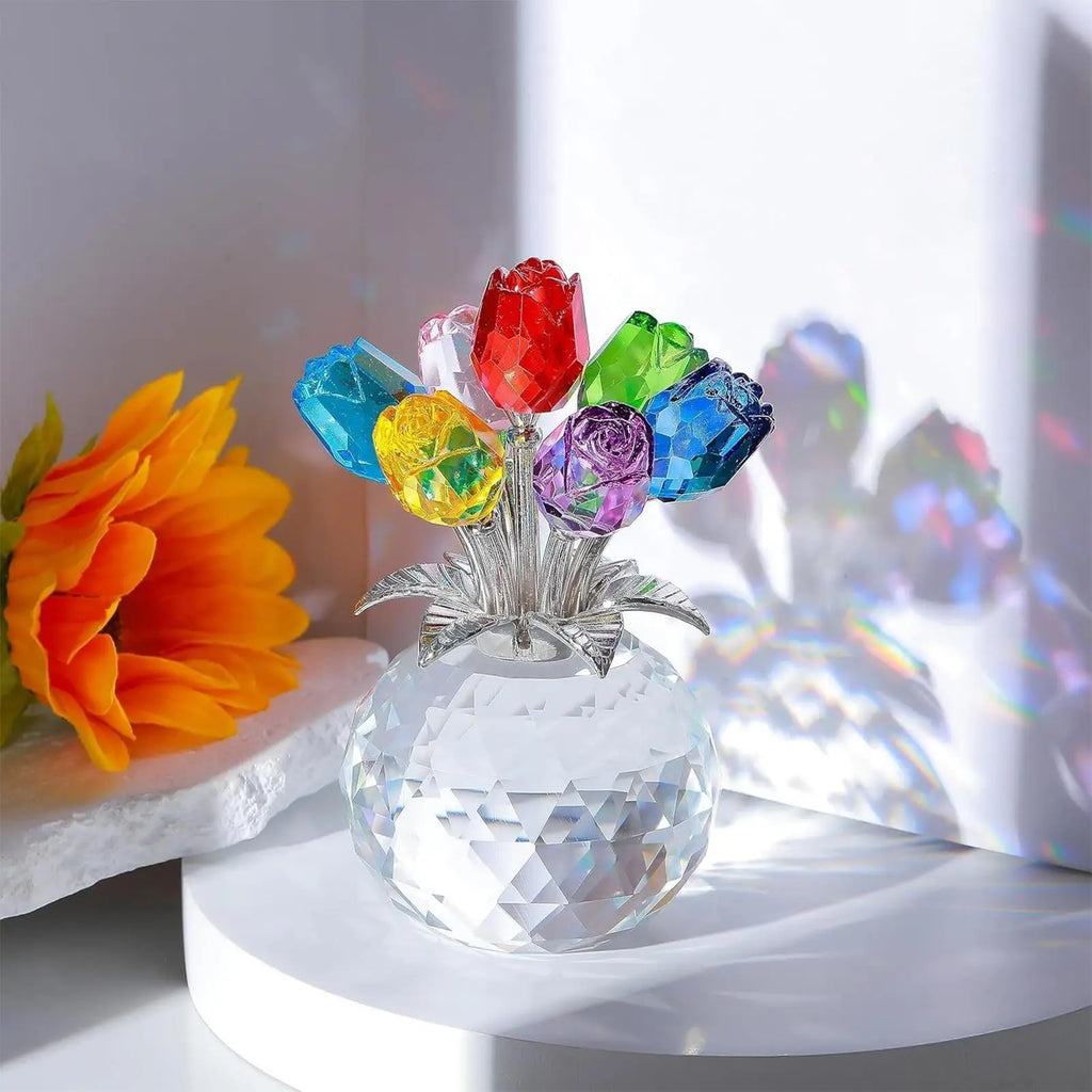 Crystal Gemstone Rose Flower Colourful Rose Bouquet Eternal Ornament Gift Figurine Decor Rose For Anniversary Valentines Gifts