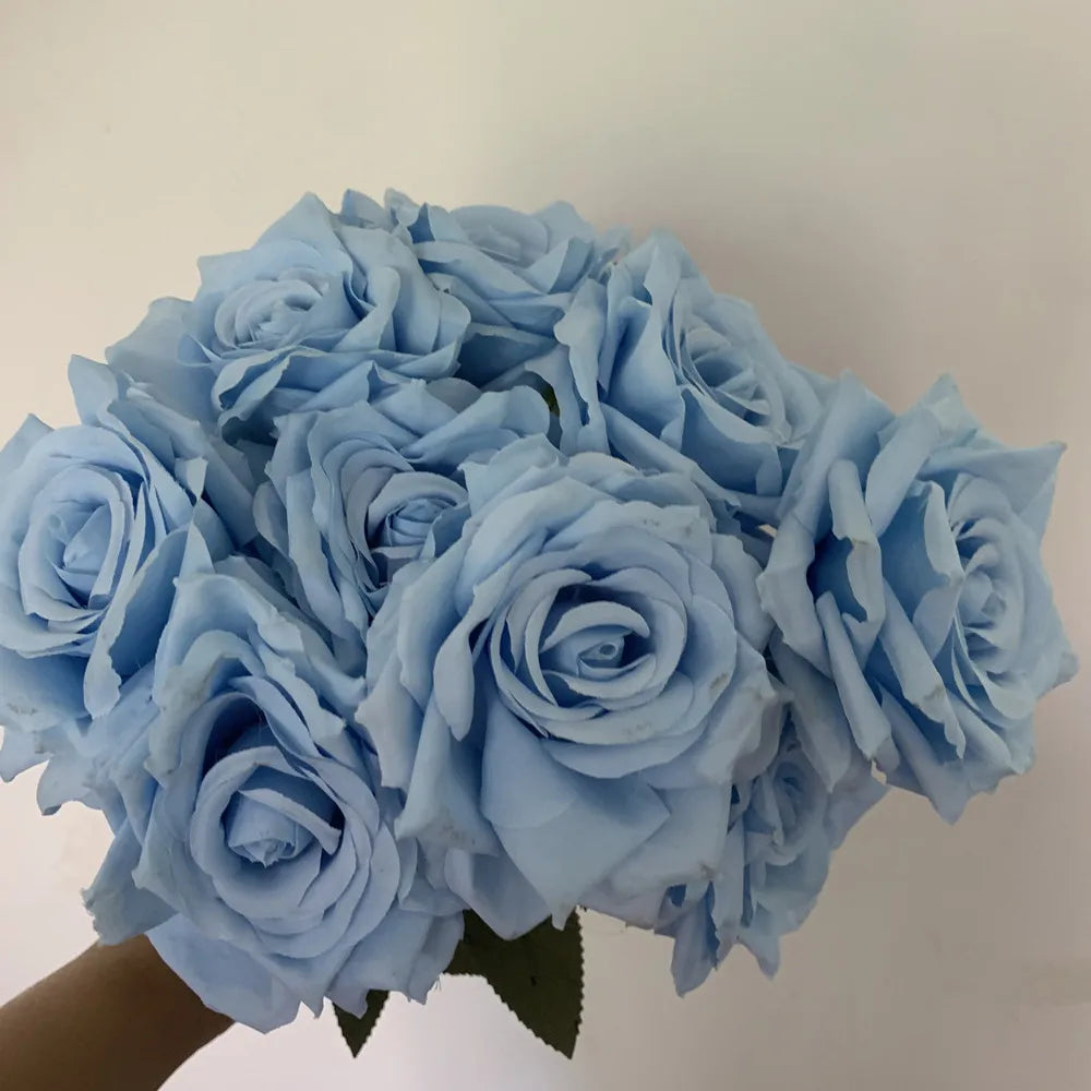 9Heads Roses Bouquet Artificial Flower light blue royal blue deep blue Rose Fake Rose Living Room  Decoration Wedding