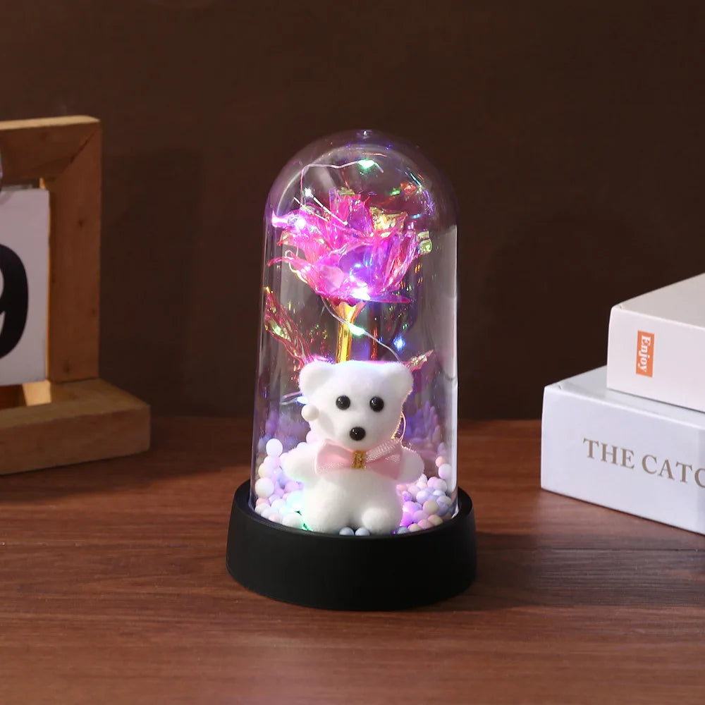 Artificial Rose Foil Flower Bear Decoration with LED Light for Girlfriend Eternal Rose Valentine's Day Wedding Christmas Gifts