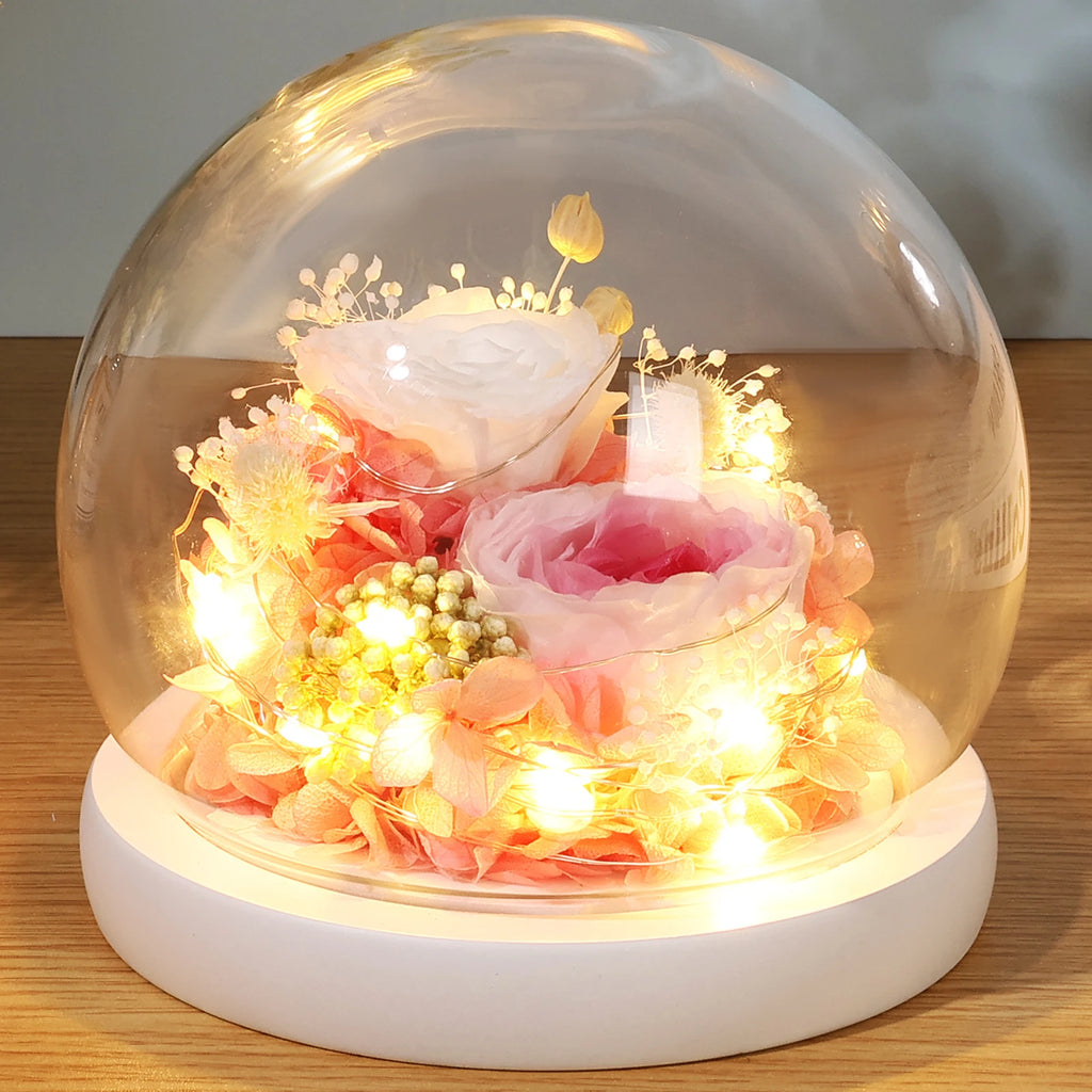 Artificial Flower Tulip Eternal Rose Flower Wedding Decor Handmade DIY LED Night Lamp Foil Glass Dome Preserved Flower Xmas Gift