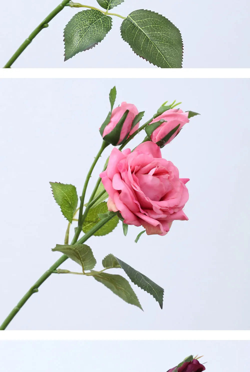 Real Touch Romantic Rose Artificial Flowers (1 Flower + 2 Buds) Moisturizing Texture for Home Decor Wedding Bridal Bouquet