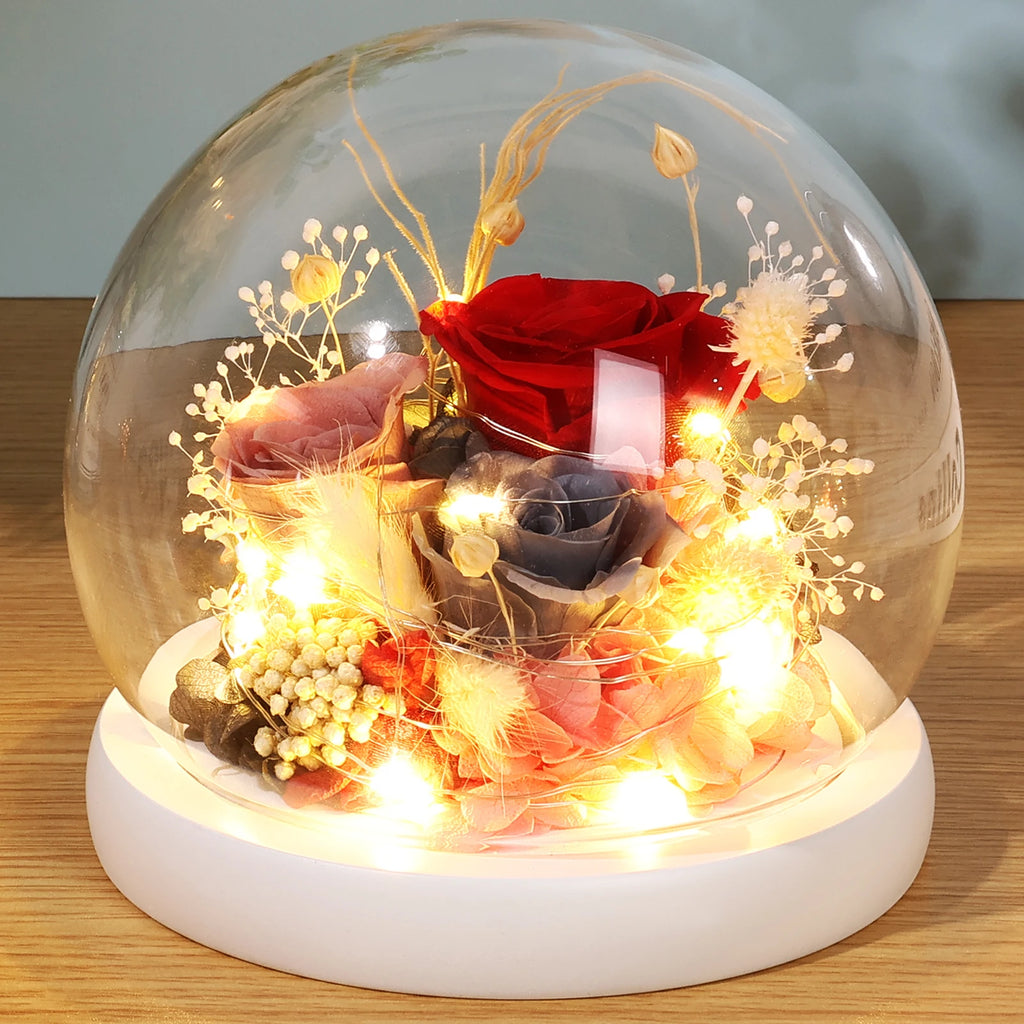 Artificial Flower Tulip Eternal Rose Flower Wedding Decor Handmade DIY LED Night Lamp Foil Glass Dome Preserved Flower Xmas Gift