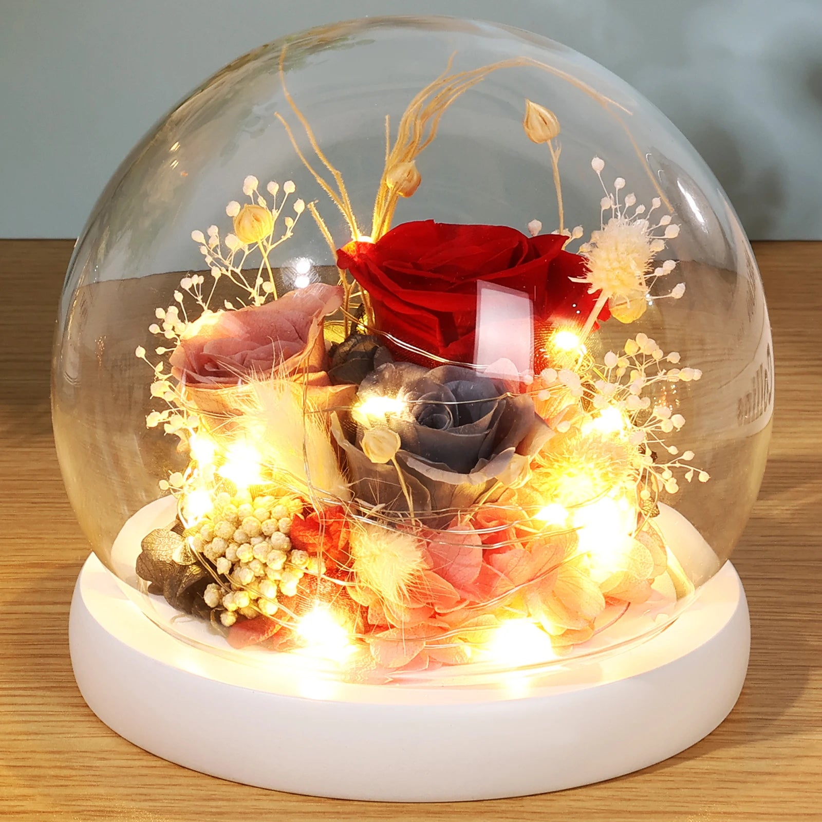 Artificial Flower Tulip Eternal Rose Flower Wedding Decor Handmade DIY LED Night Lamp Foil Glass Dome Preserved Flower Xmas Gift