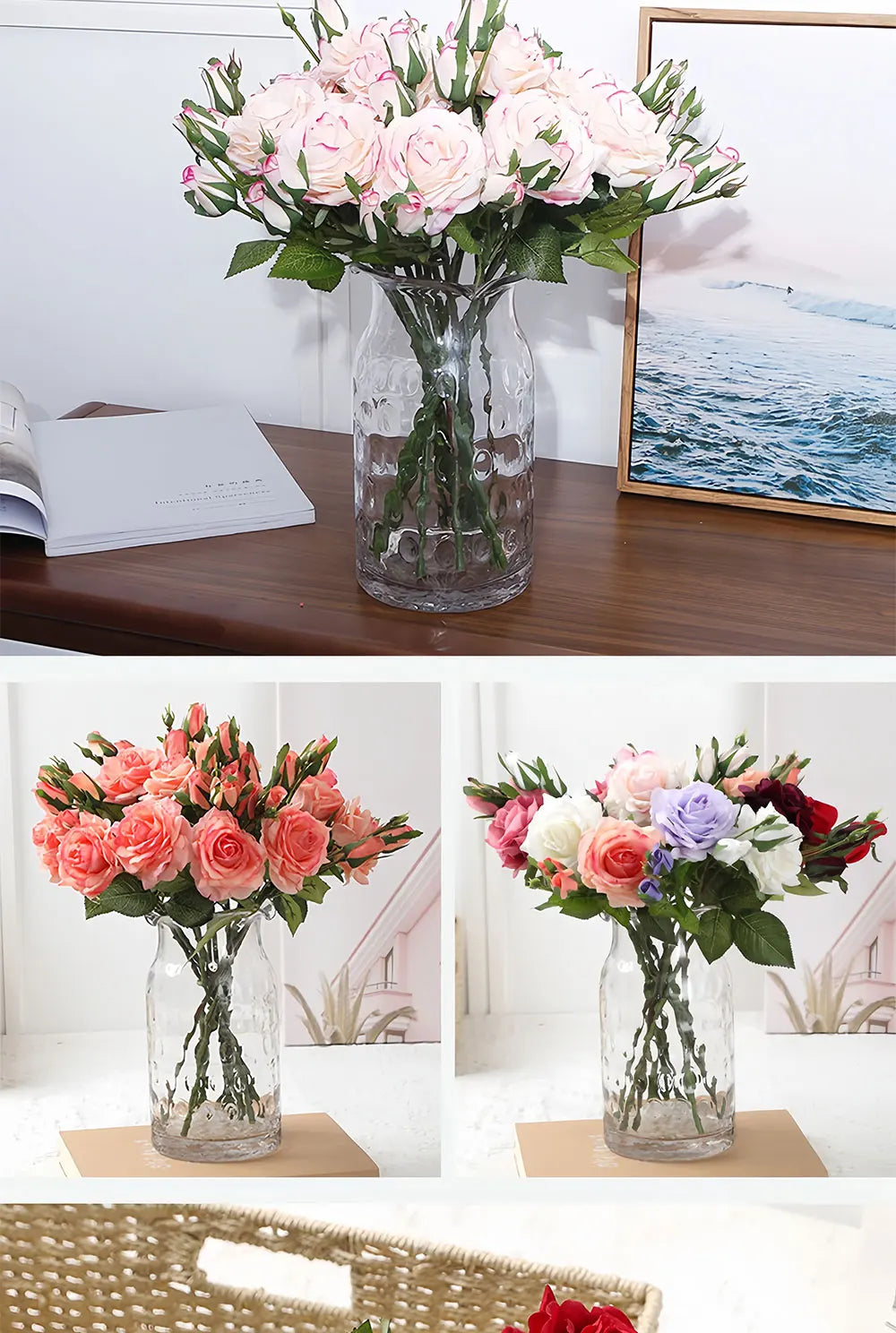 Real Touch Romantic Rose Artificial Flowers (1 Flower + 2 Buds) Moisturizing Texture for Home Decor Wedding Bridal Bouquet