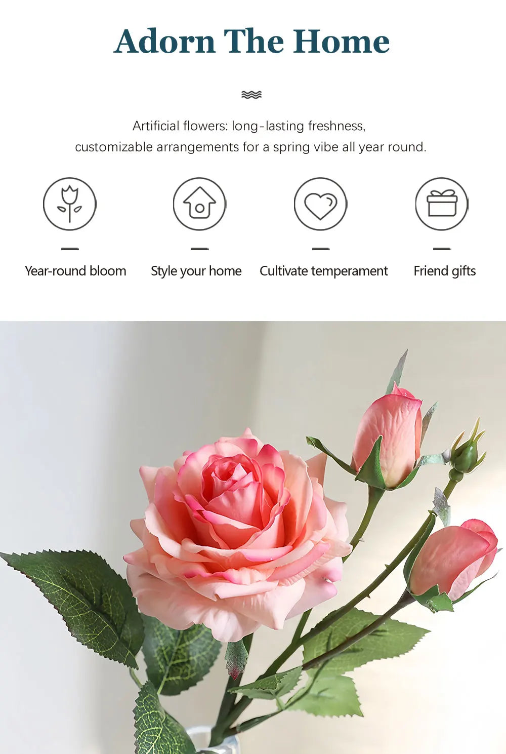 Real Touch Romantic Rose Artificial Flowers (1 Flower + 2 Buds) Moisturizing Texture for Home Decor Wedding Bridal Bouquet