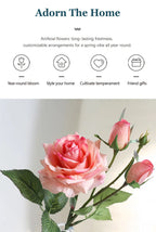 Real Touch Romantic Rose Artificial Flowers (1 Flower + 2 Buds) Moisturizing Texture for Home Decor Wedding Bridal Bouquet