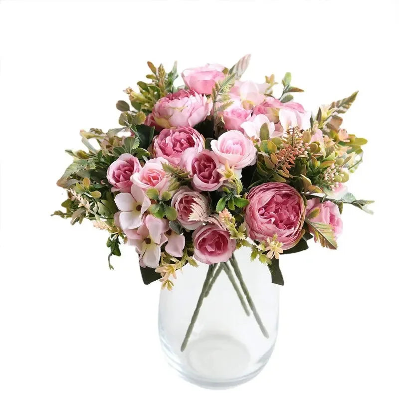 Ramo Retro de Peonía y Rosa de Seda — Decoración Otoño, Hogar y Bodas, 4 Colores