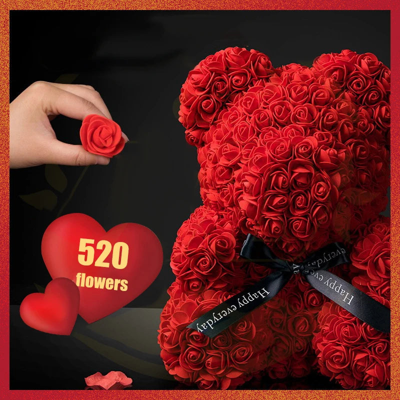 Oso de Rosas con Caja y Luz LED — Regalo Romántico, 7 Colores, San Valentín