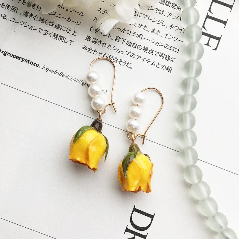 Immortal Rose Flower Earrings Elegant Epxoy Resin Dried Flower Earrings Colorful Rose Natural Plant Hoop Earrings Custom Jewelry