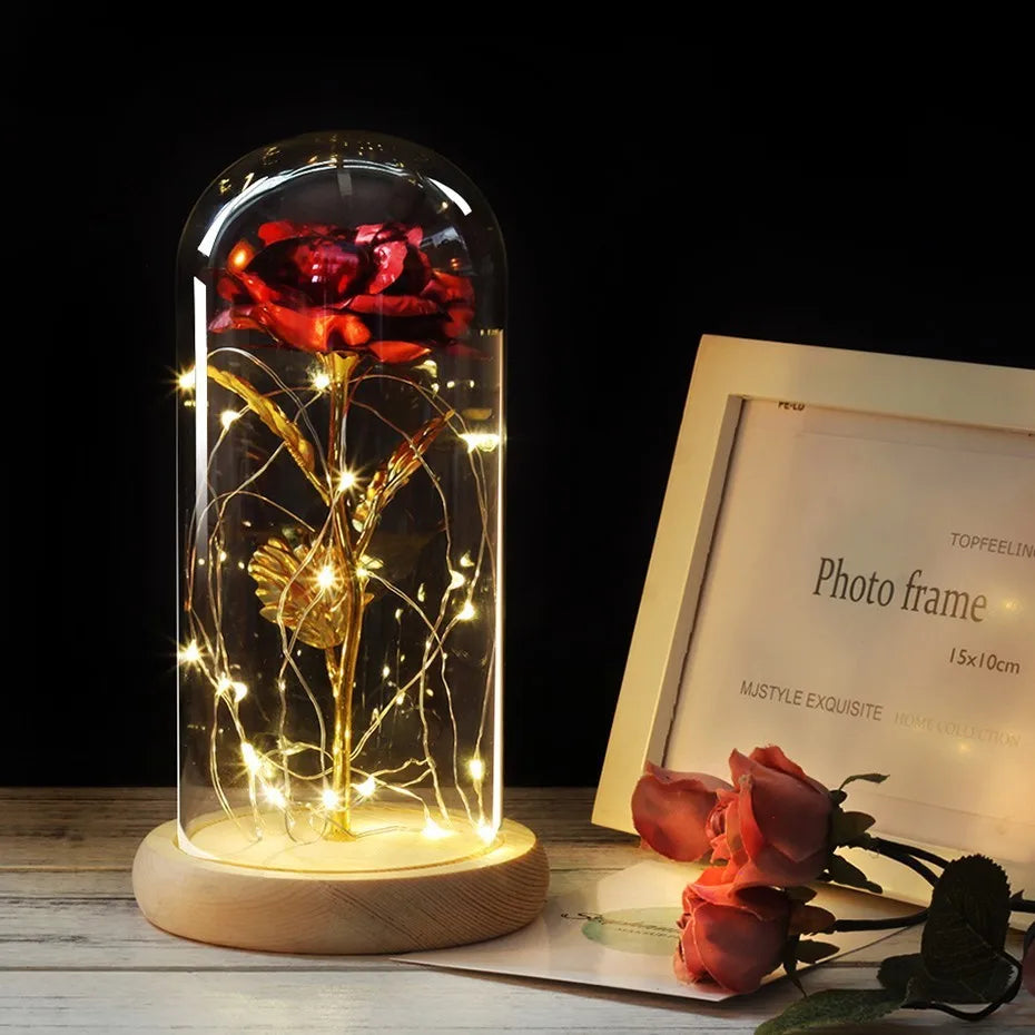 Rosa en Cúpula de Cristal con LED — Estilo La Bella y la Bestia, 16 Estilos, Regalo