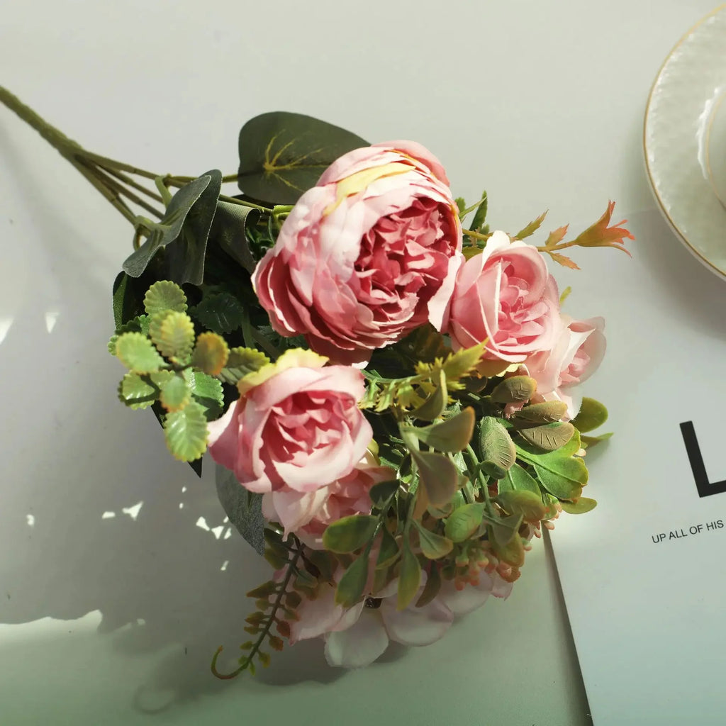 Ramo Retro de Peonía y Rosa de Seda — Decoración Otoño, Hogar y Bodas, 4 Colores
