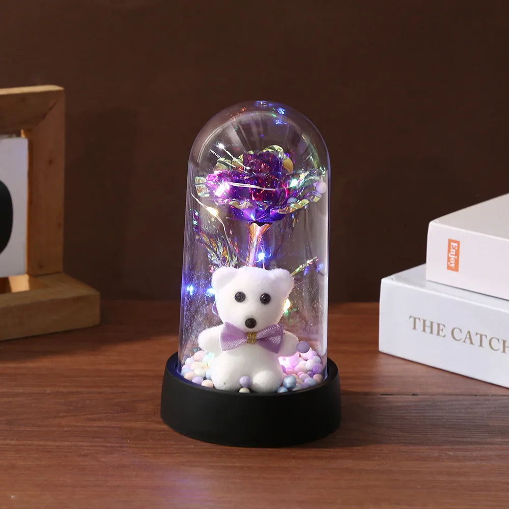 Artificial Rose Foil Flower Bear Decoration with LED Light for Girlfriend Eternal Rose Valentine's Day Wedding Christmas Gifts