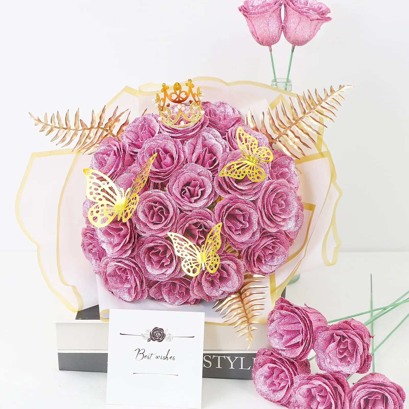Glitter Artificial Eternal Red Rose Bouquet Forever Roses Flower Bouquet Silk Fake Rose Flower Valentine's Day Birthday Gift