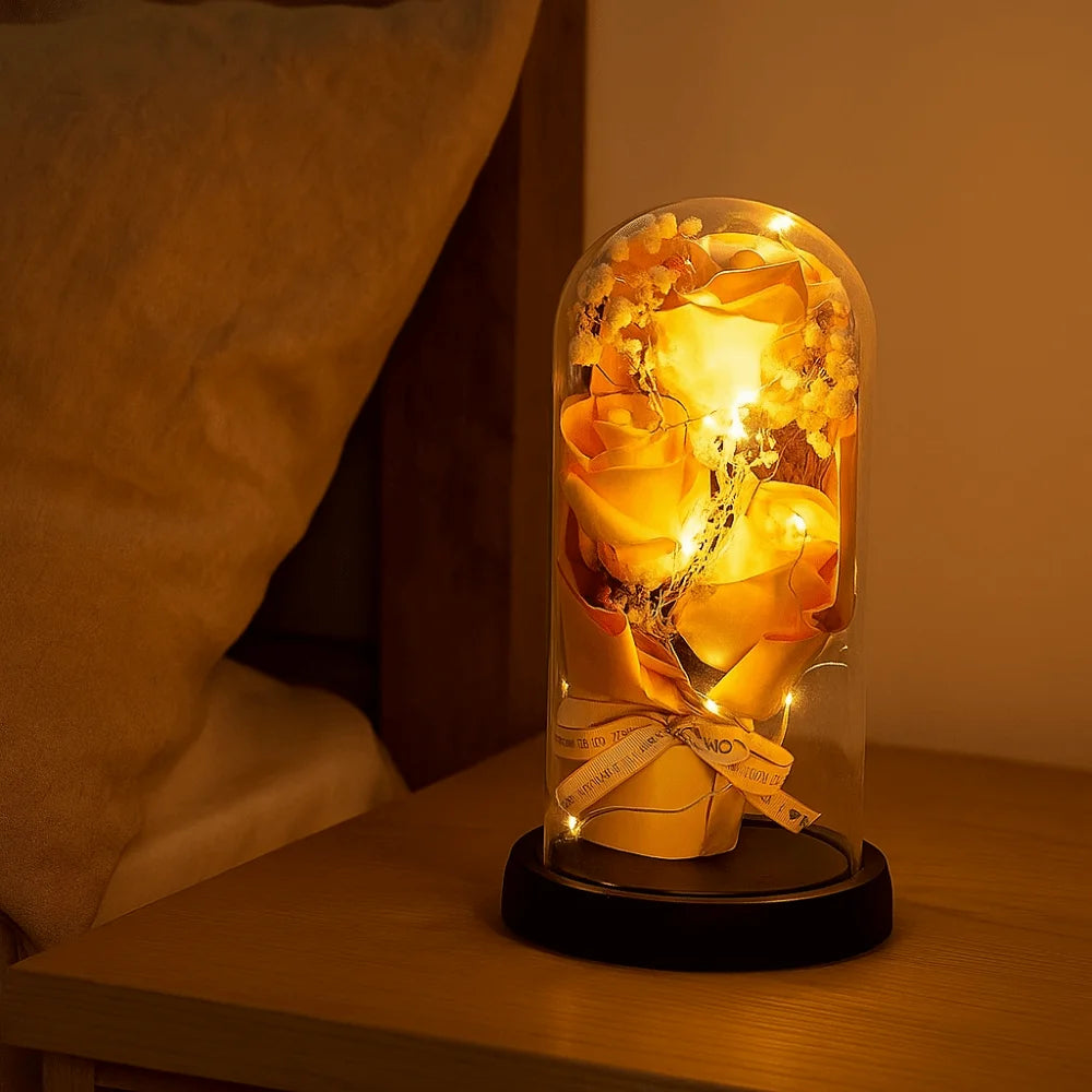 Romantic Eternal Rose Light 3 Heads Soap Flower Transparent Dome Artificial Rose Light Luminous Realistic LED Eternal Flower