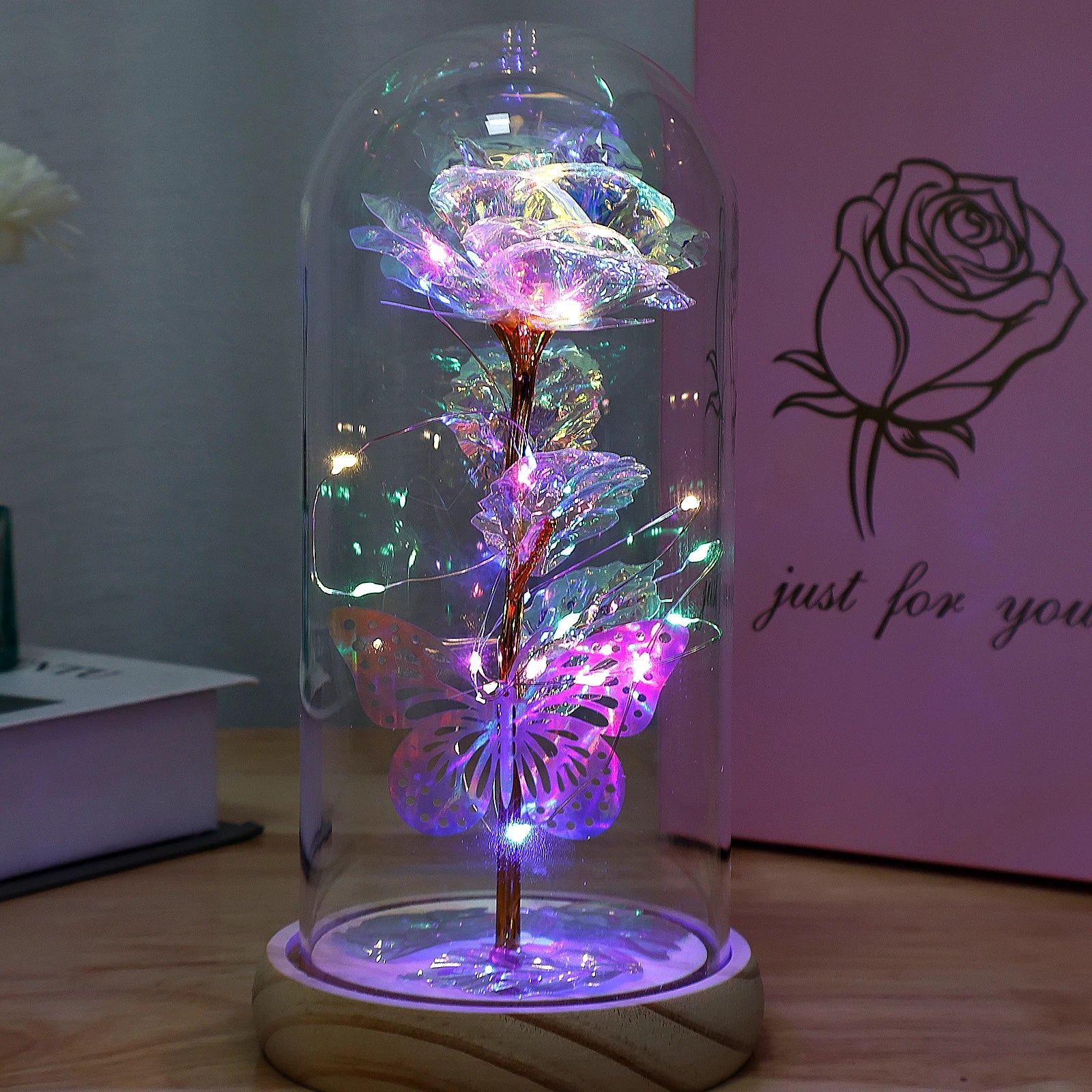 Artificial Flower Tulip Eternal Rose Flower Wedding Decor Handmade DIY LED Night Lamp Foil Glass Dome Preserved Flower Xmas Gift