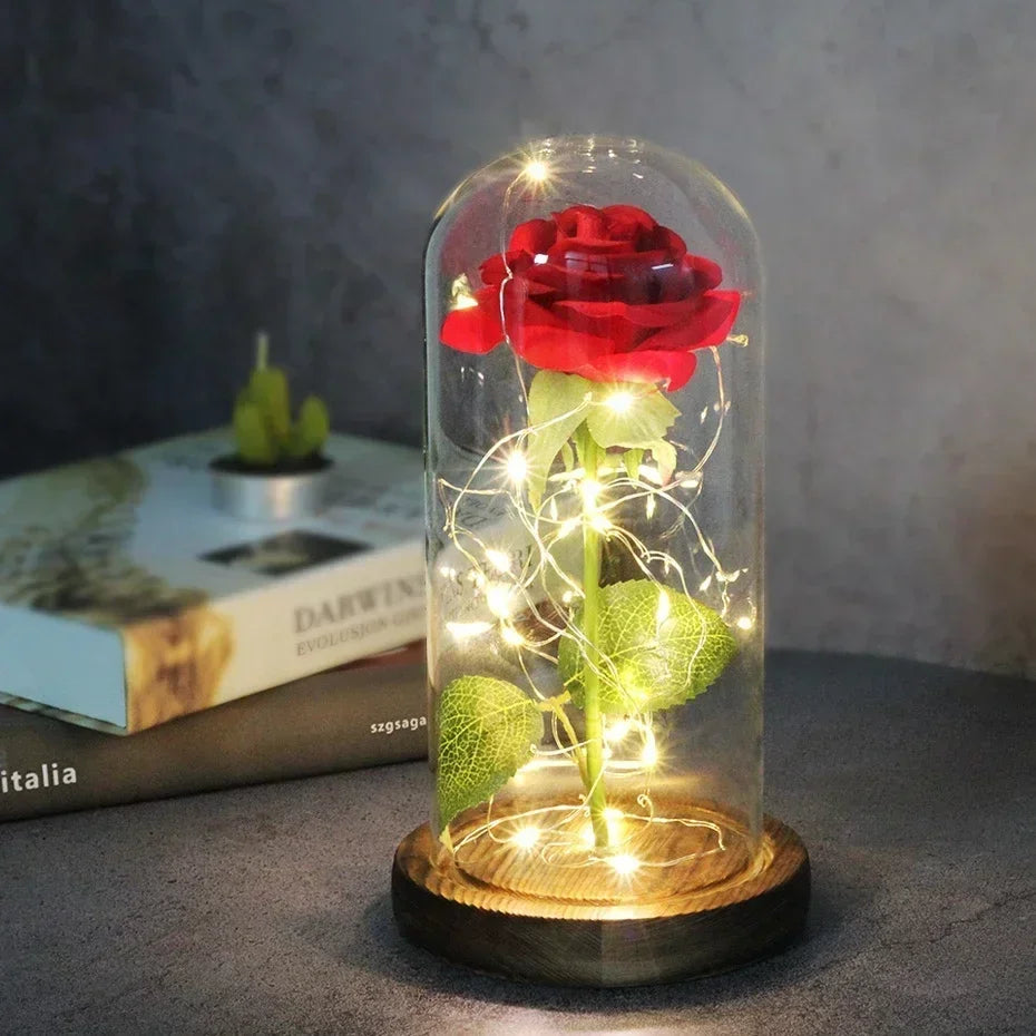 Acrylic Dome Eternal Rose Artificial Flowers Gift for Valentine Wedding Birthday Home Decor Room Desk Decorations Fake Flowers
