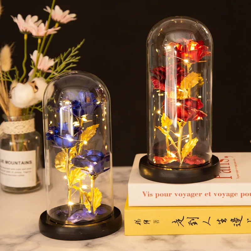 Rosa de Cristal con Luz en Cúpula de Vidrio — Regalo Navidad, Aniversario y San Valentín