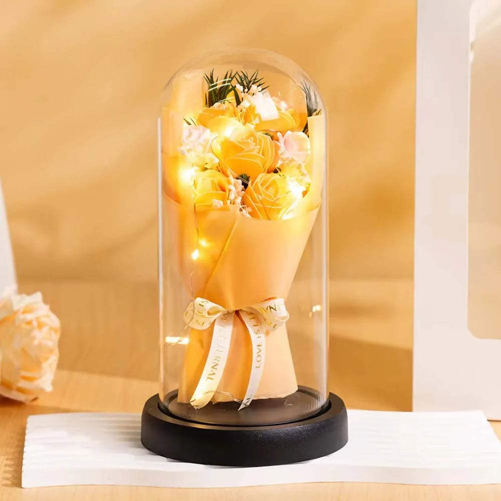 Real Touch Eternal Rose Dome with LED Lights Romantic Home Decor Preserved Flower Gift for Valentine Anniversary Wedding