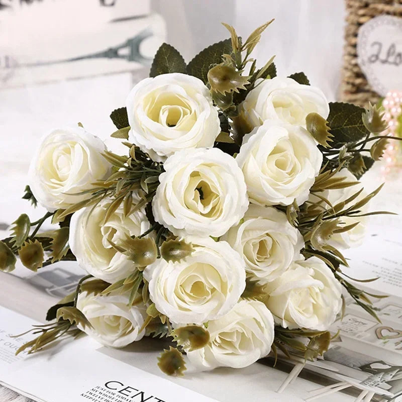 Retro Artificial Roses Bouquet Elegance Bridal Wedding Realistic Roses Flowers Floral Arrangement Ornaments Home Decoration