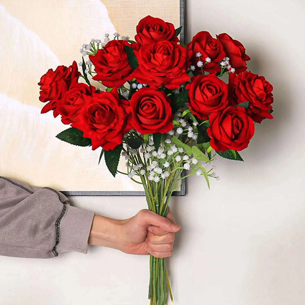 Silk Velvet Rose Artificial Flowers with Long Stems Real Touch Fake Silk Roses Florals for Wedding Bouquet Party Home Decor