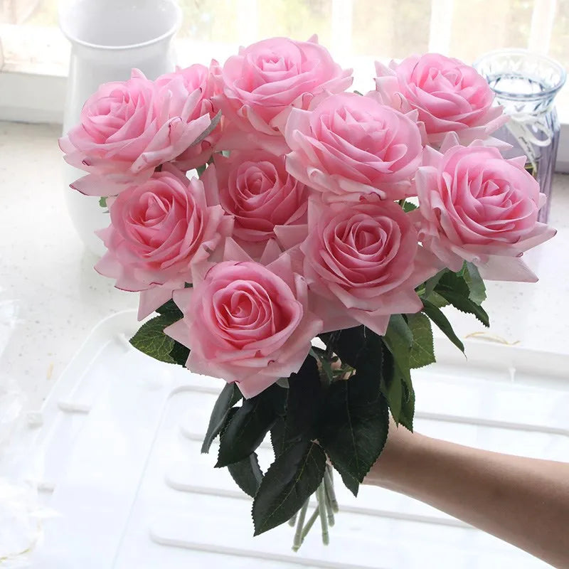 7pcs Pink Rose Artificial Flowers Real Touch Silk Flowers For Home Wedding Table Bouquet Party Decoration