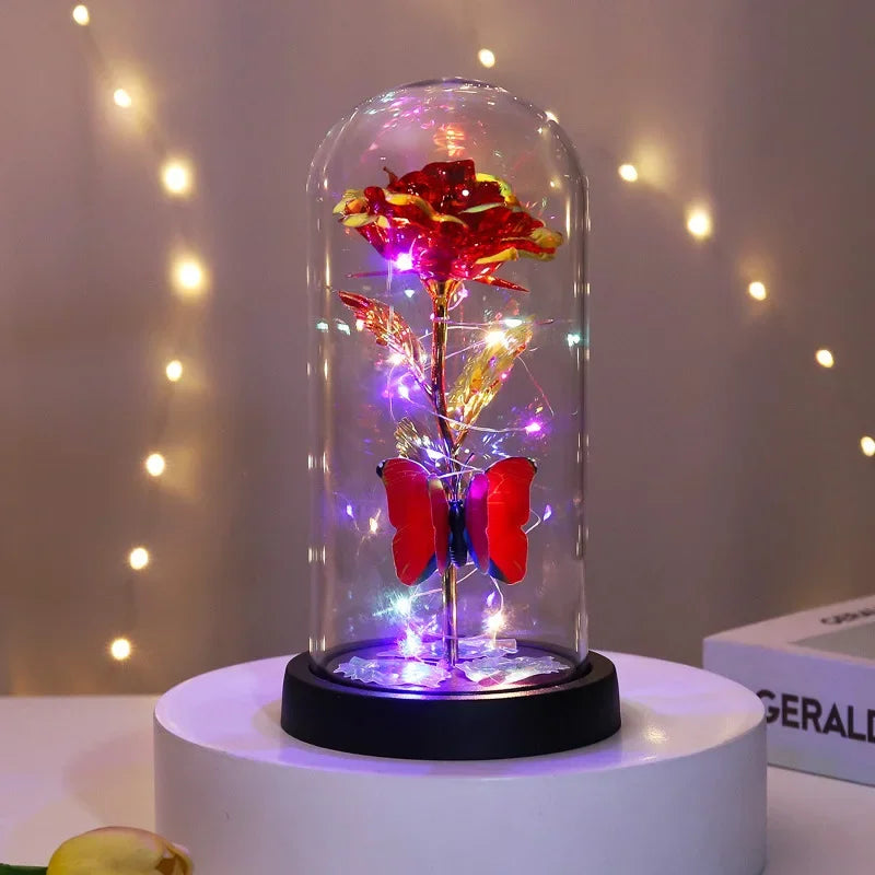 New Home Decor Glass Cover Rose Eternal Flower with Lamp Creative Decoration Ornament Bedroom Decoration