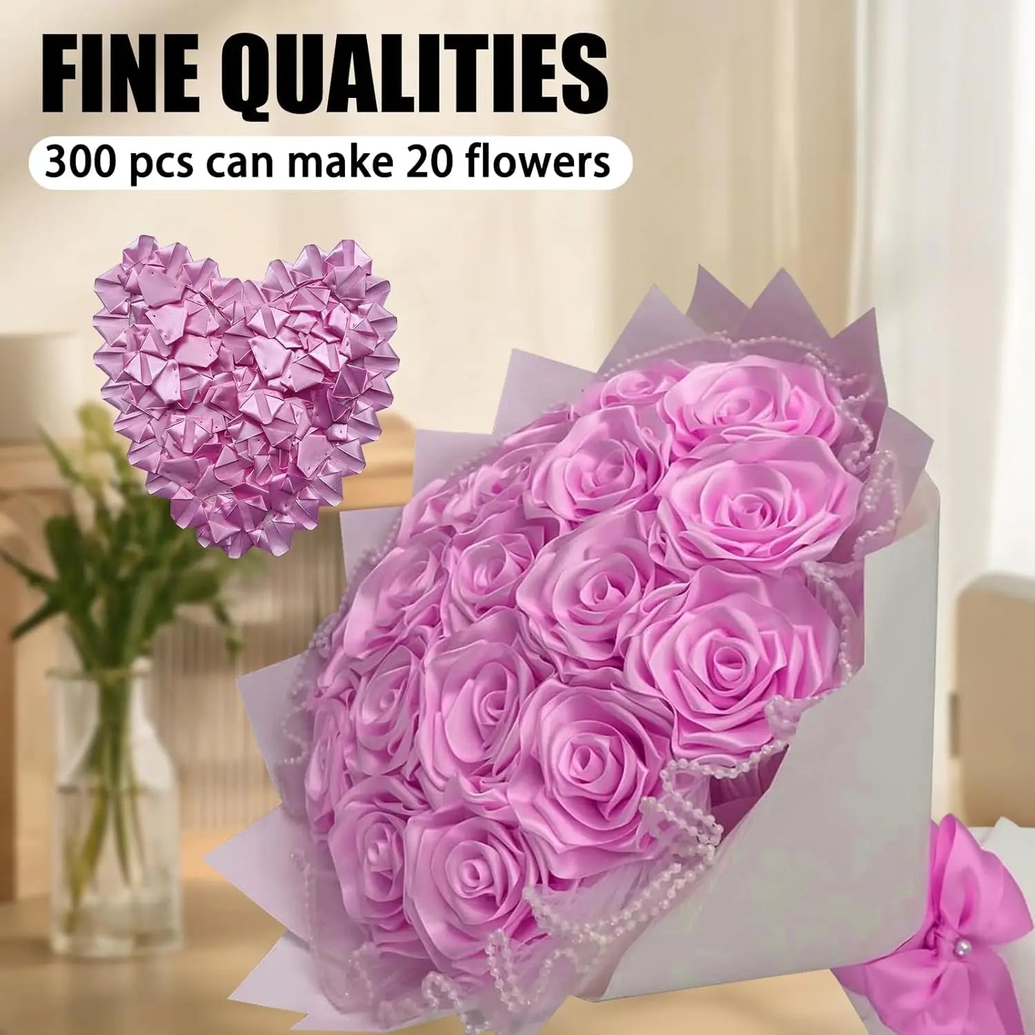 Yannew 300pcs Premade Handcrafted Silk Rose Petals for DIY Eternal Rose Flowers Bouquets with Stem Leaf Birthday Gifts for Women