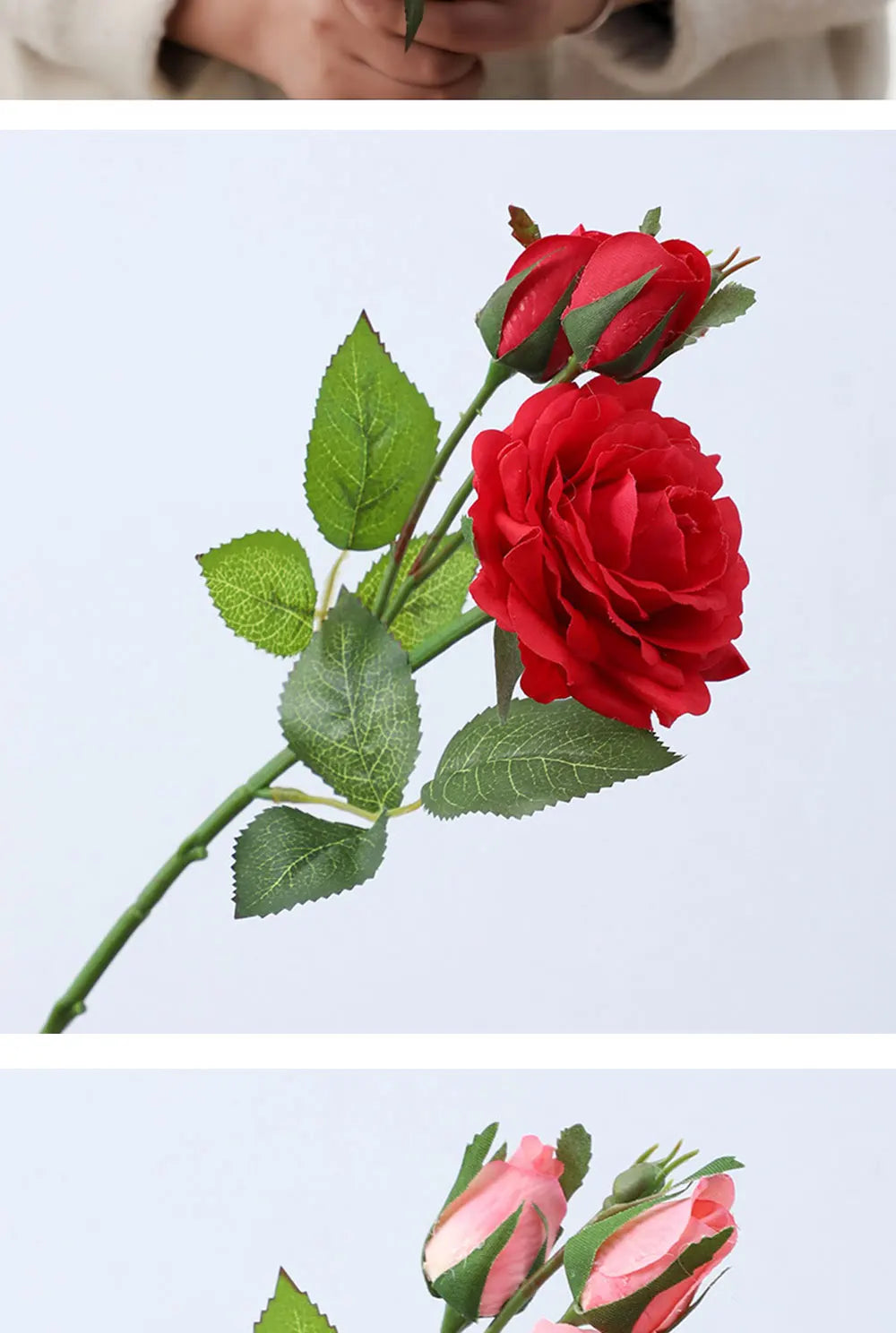 Real Touch Romantic Rose Artificial Flowers (1 Flower + 2 Buds) Moisturizing Texture for Home Decor Wedding Bridal Bouquet