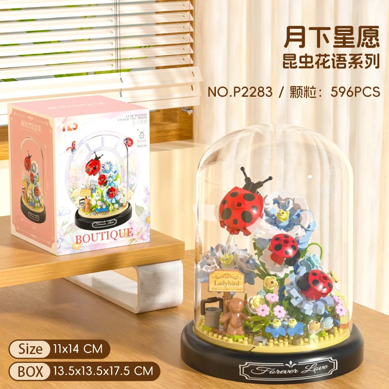 Eternal Flower Red Rose Bouquet Desktop Decoration Bonsai Romantic Building Blocks Bricks DIY Toy Valentine's Day Gift for Girls
