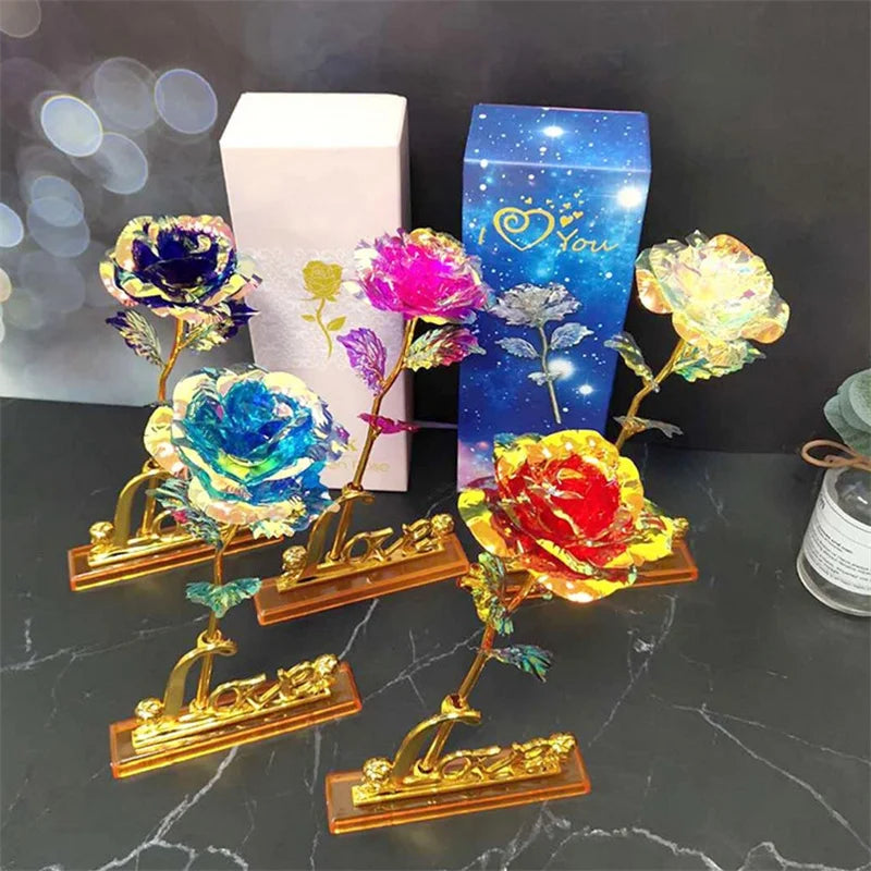 Eternal Rose Colorful Galaxy Artificial Flowers 24K Gold Foil Flower Love Base Flare box for Girlfriend Valentine's Day Gift