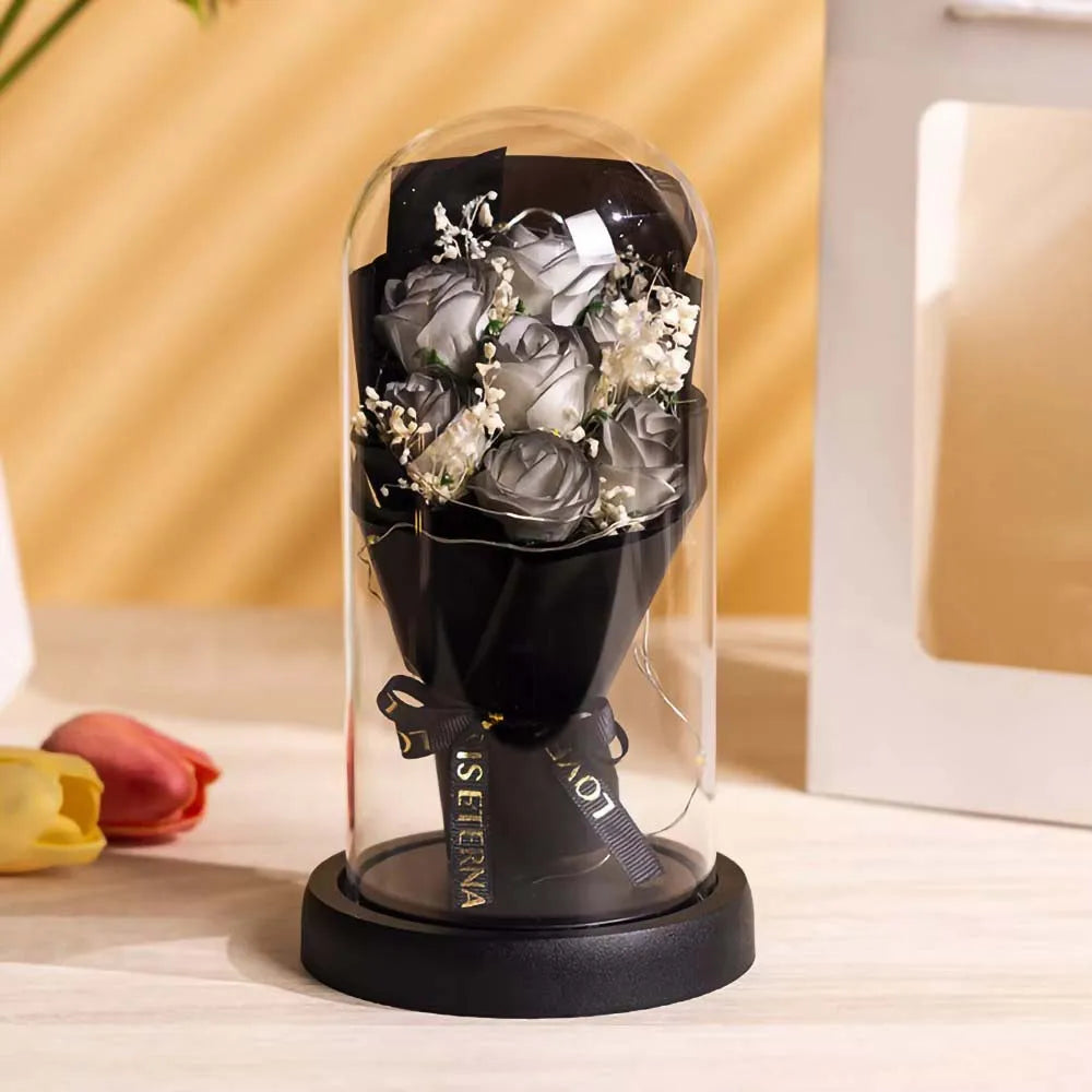 Real Touch Eternal Rose Dome with LED Lights Romantic Home Decor Preserved Flower Gift for Valentine Anniversary Wedding