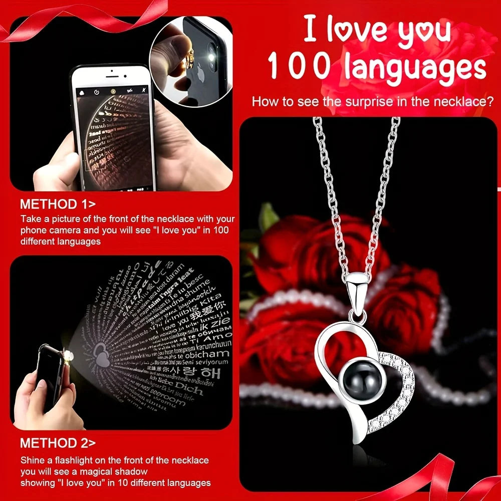 Eternal Rose Love You Necklace 100 Languages Red for Mom, Wife, Valentine's Day Gift, Best Gift for Your Loved One