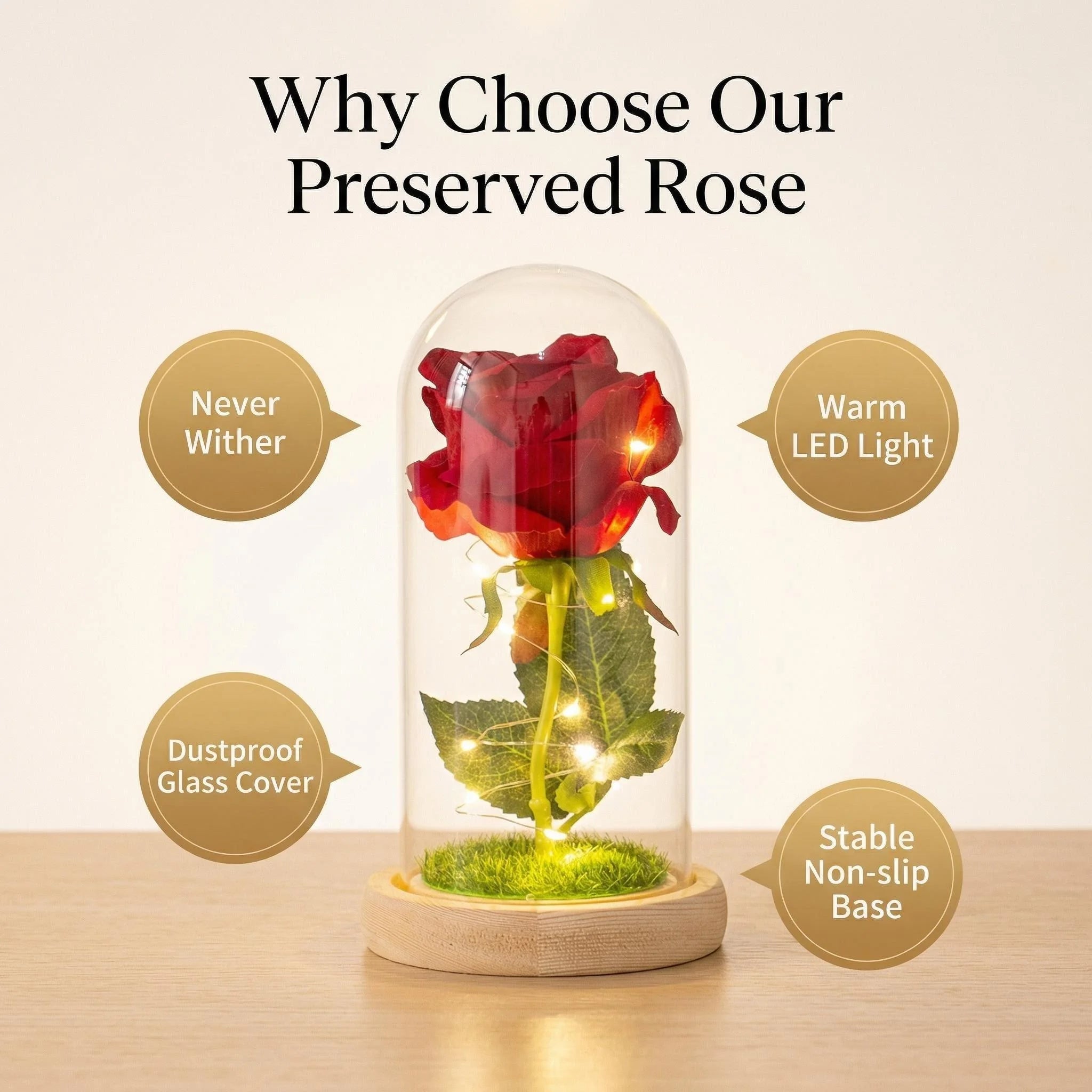 Creative Eternal Rose Glass Cover Ornament  LED Light Simulation  Flower  Mother's Day Valentine's Day Gift Anniversary Blessing