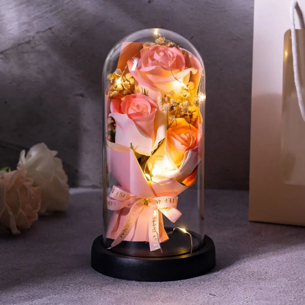 Romantic Eternal Rose Light Luminous Transparent Dome LED Eternal Flower Realistic Decorative Artificial Rose Light