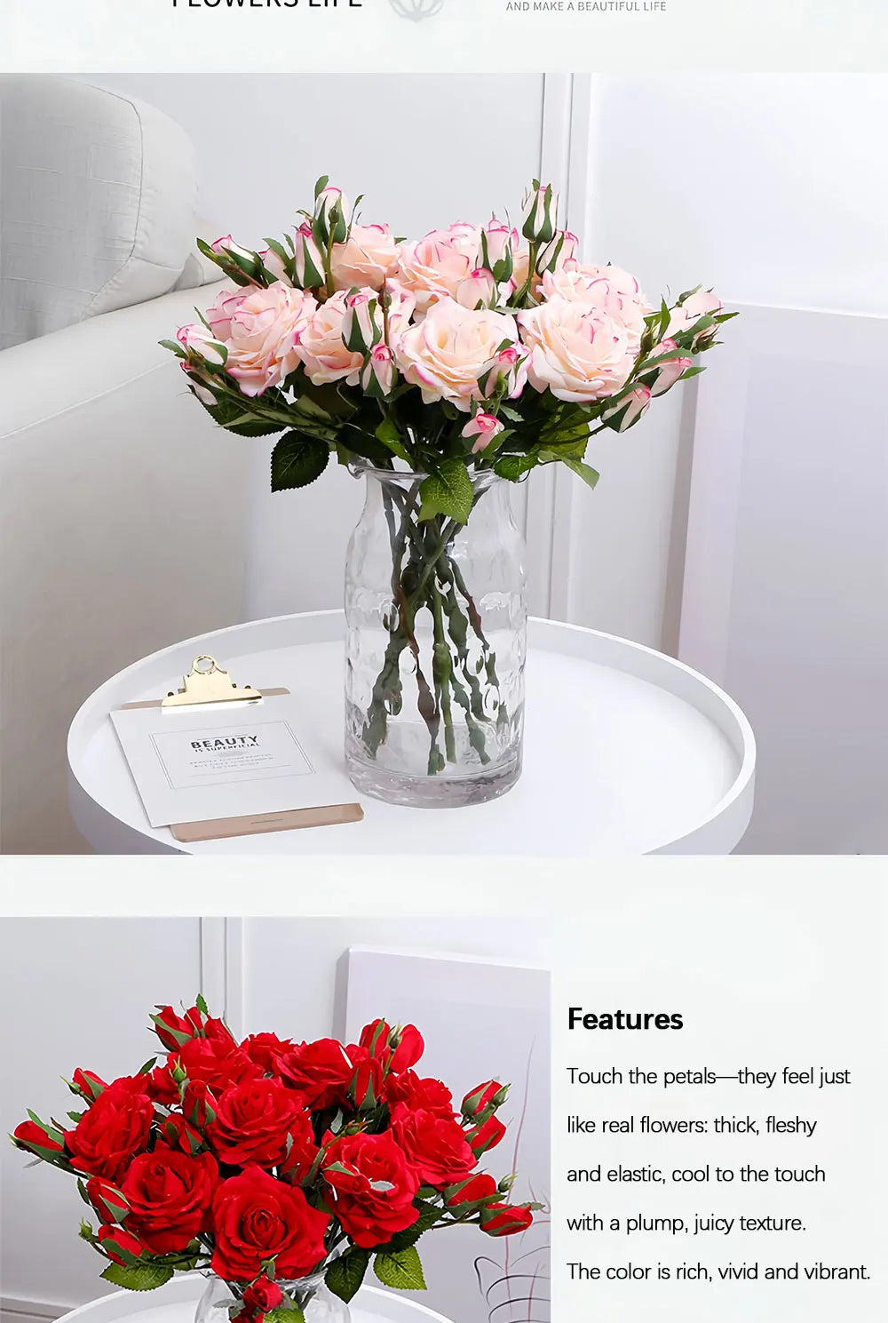Real Touch Romantic Rose Artificial Flowers (1 Flower + 2 Buds) Moisturizing Texture for Home Decor Wedding Bridal Bouquet