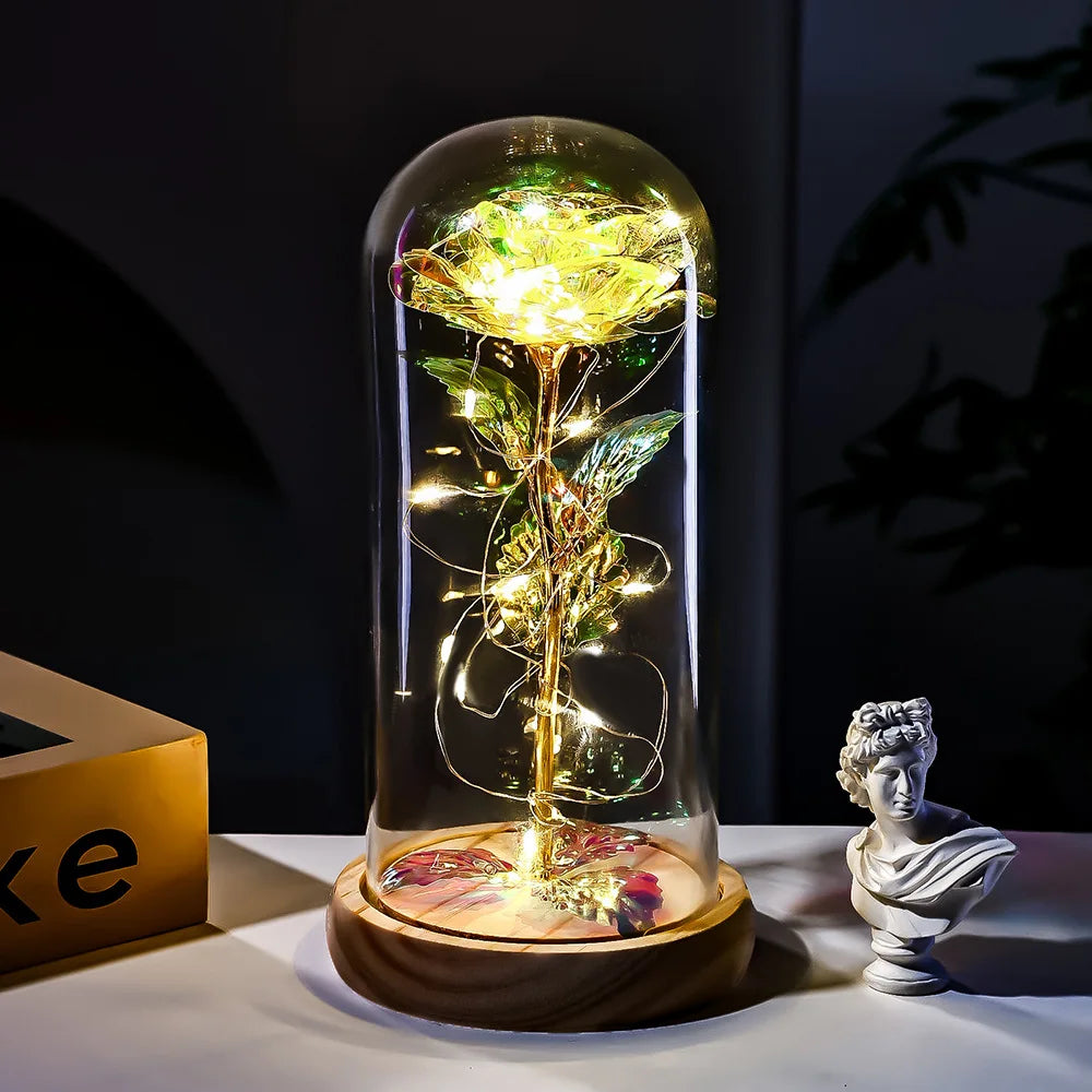 Eternal Rose LED Light glass Cover Flower Valentines Day Gift Wedding Party Decor Artificial Rose Flowers Light Christmas Gift