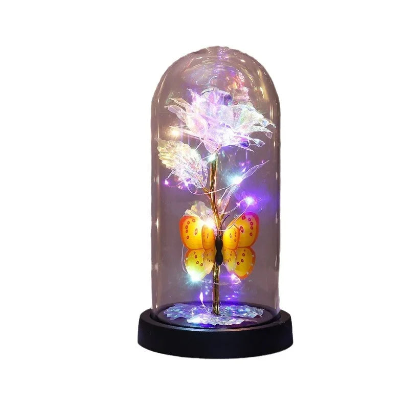 New Home Decor Glass Cover Rose Eternal Flower with Lamp Creative Decoration Ornament Bedroom Decoration