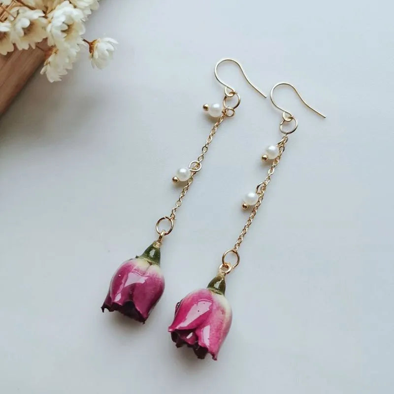 Immortal Rose Flower Earrings Elegant Epxoy Resin Dried Flower Earrings Colorful Rose Natural Plant Hoop Earrings Custom Jewelry
