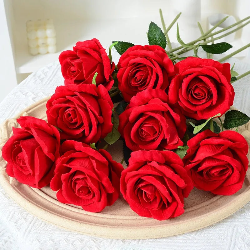 Silk Velvet Rose Artificial Flowers with Long Stems Real Touch Fake Silk Roses Florals for Wedding Bouquet Party Home Decor